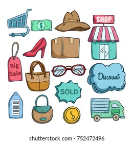 set of online shopping e commerce icons with colored doodle style
