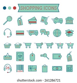 Set of On-Line Shopping icons isolated on white background. Stylized 3 colors. Minimalistic design. Can be use as elements in infographics, as web and mobile icons etc. Vector illustration
