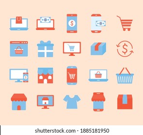 conjunto de iconos de compras en línea en un diseño de ilustración vectorial de color salmón