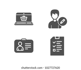 Set of Online shopping, Id card and Edit person icons. Interview sign. Notebook with shopping cart, Human document, Change user info. Checklist file.  Quality design elements. Classic style. Vector