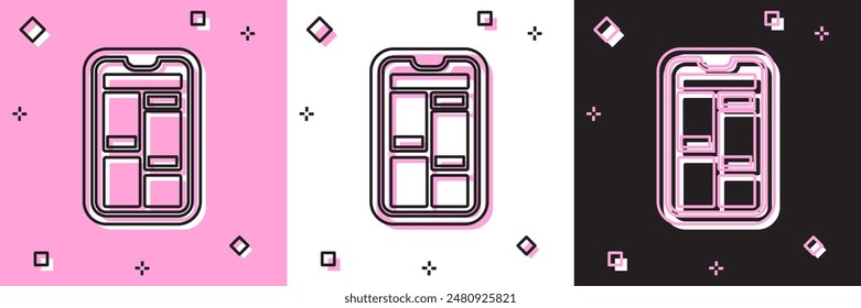 Set Compras en línea en el icono del teléfono móvil aislado en rosa y blanco, fondo negro. Tienda de Internet, App de tienda móvil y facturación de pagos.  Ilustración vectorial