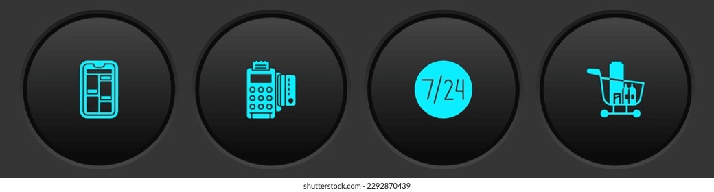 Set Online shopping on phone, POS terminal with credit card, Clock 24 hours and Shopping cart and food icon. Vector