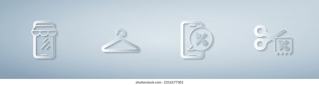 Set Online shopping on phone, Hanger wardrobe, Percent discount and Scissors cuts coupon. Paper art style. Vector
