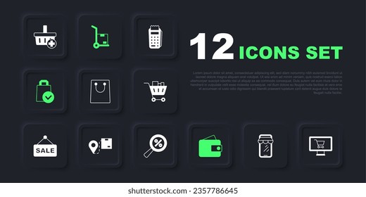 Set Online shopping on phone, Shopping cart monitor, Paper bag, Wallet, Location with cardboard box, Hand truck and boxes and Magnifying glass percent icon. Vector