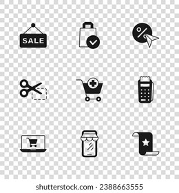 Set Online shopping on phone, POS terminal, Paper check and financial check, Add to Shopping cart, Discount percent tag, Hanging sign with text Sale, bag and Scissors cuts discount coupon icon. Vector