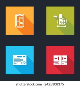 Set Online shopping on phone, Shopping cart and food, Warranty certificate template and Stacks paper money cash icon. Vector