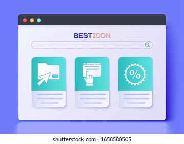Set Online shopping on screen, Cursor click document folder and Discount percent tag icon. Vector