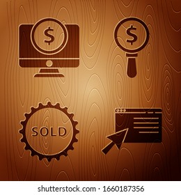 Ponga las compras en línea en pantalla, monitor de ordenador con dólar, etiqueta de venta y cristal de aumento y dólar en fondo de madera. Vector