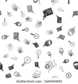Ponga las compras en línea en la pantalla, carro de compras con marca de verificación, gestión de plomo y vidrio de aumento y dólar en un patrón sin fisuras. Vector