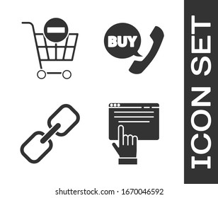 Online-Shopping auf dem Bildschirm, Shopping-Warenkorb entfernen, Kettenlink und Telefon-und Sprache-Blase mit kaufen Symbol. Vektorillustration