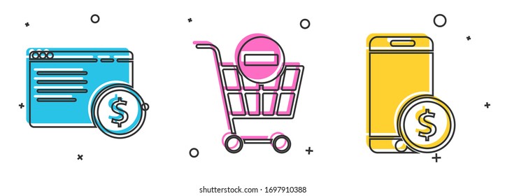 Set Online shopping on screen, Remove shopping cart and Smartphone with dollar icon. Vector