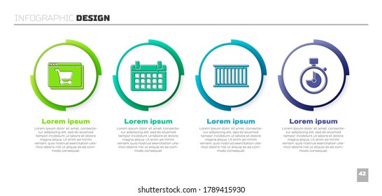 Set Online shopping on screen, Calendar, Container and Stopwatch. Business infographic template. Vector