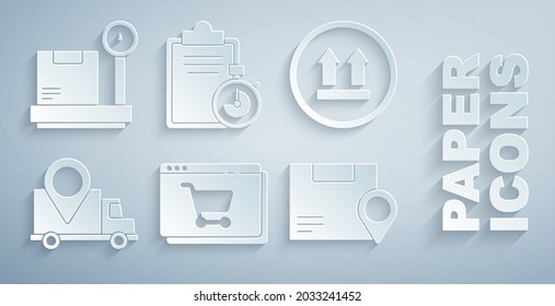 Set Online shopping on screen, This side up, Delivery tracking, Location with cardboard box, Verification of delivery list clipboard and Scale icon. Vector