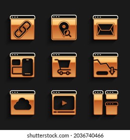 Online-Shopping auf dem Bildschirm, Video, Browser-Fenster, Rückgang des Finanzwachstums, Cloud-Technologie-Datenübertragung, Web-Entwickler-Programmiercode, Website und Mail und Symbol. Vektorgrafik