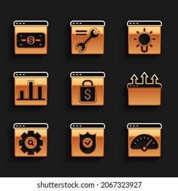 Set Online shopping on screen, Browser with shield, Digital speed meter, window, setting, Graph chart infographic,  and  icon. Vector