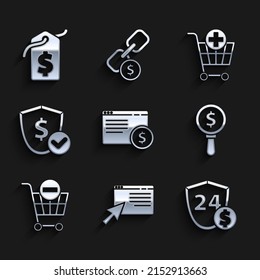 Online-Shopping auf dem Bildschirm, Schild mit Dollar, Magnifying Glas und, Entfernen Warenkorb, Zu Einkaufen hinzufügen und Preis-Tag-Symbol. Vektorgrafik