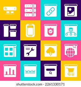 Configurar compras en línea en pantalla, motor de búsqueda, servidor, datos, ventana del navegador, teléfono móvil y con icono de escudo. Vector