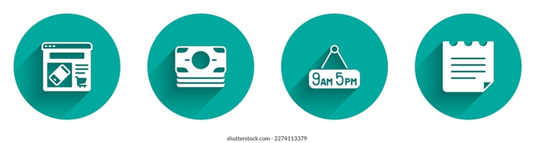 Set Online shopping on screen, Stacks paper money cash, From 9 to 5 job and Notebook icon with long shadow. Vector