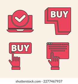 Configure las compras en línea en pantalla, portátil, botón Comprar e icono del botón Comprar. Vector