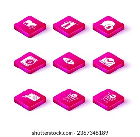 Establece la compra en línea en pantalla, el carrito de compras con marca de verificación, Tablet dólar, Ojo, Eliminar, Laptop, Burbuja de voz y etiqueta de precio Nuevo icono. Vector