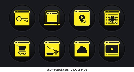 Establecer compras en línea en pantalla, disminución del crecimiento financiero, transferencia de datos de tecnología en la nube, Infografía del mapa de la ciudad, Laptop con ventana de navegador, reproducir video y Asegurar su sitio HTTPS, icono SSL. Vector