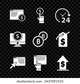 Set Online shopping on screen, Hand holding coin, Clock 24 hours, Financial growth, Computer monitor with dollar and Cryptocurrency Bitcoin icon. Vector