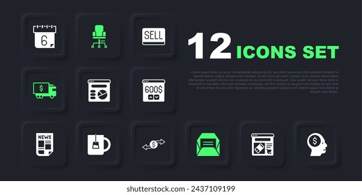 Set Online shopping on screen, Business man planning mind, Pie chart infographic, Envelope, Armored truck, Cup of tea, Office chair and Money exchange icon. Vector