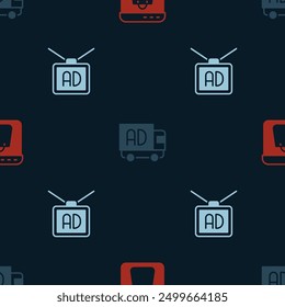 Establecer compras en línea en la pantalla, camión de publicidad y en el patrón sin fisuras. Vector