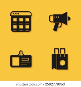 Set Online shopping on screen, Paper bag, Identification badge and Megaphone icon with long shadow. Vector