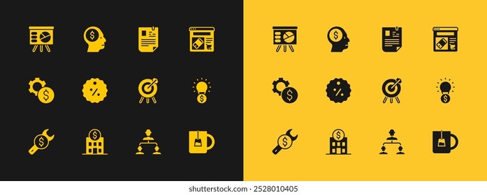 Set Online shopping on screen, Bank building, Target financial goal, Employee hierarchy, Discount percent tag, Resume, Board with graph and Business man planning mind icon. Vector