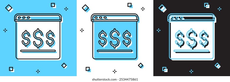 Conjunto de compras en línea en el icono de la pantalla aislado en azul y blanco, fondo negro. Concepto de comercio electrónico, comercio electrónico, marketing de negocios en línea.  Vector