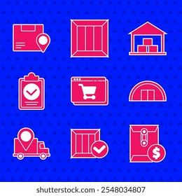 Set Online shopping on screen, Wooden box with check mark, Envelope dollar symbol, Warehouse, Delivery tracking, Verification of delivery list clipboard,  and Location cardboard icon. Vector