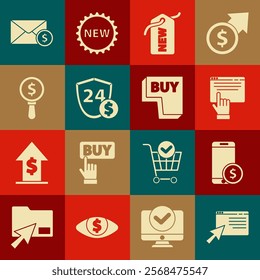 Set Online shopping on screen, Smartphone with dollar, Price tag New, Shield, Magnifying glass and, Envelope coin and Buy button icon. Vector