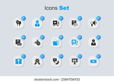 Set Online shopping on screen, Telephone 24 hours support, Happy customer, Stacks paper money cash, Angry, Discount percent tag and Shopping list icon. Vector
