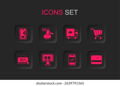 Set Online shopping on screen, Auction hammer, Mobile with dollar, Shopping cart, Credit card, Delivery cargo truck and Buy button icon. Vector