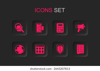 Set Online shopping on screen, Mobile, Magnifying glass, Shield with dollar, Megaphone, Shopping list, Calculator and Worldwide icon. Vector