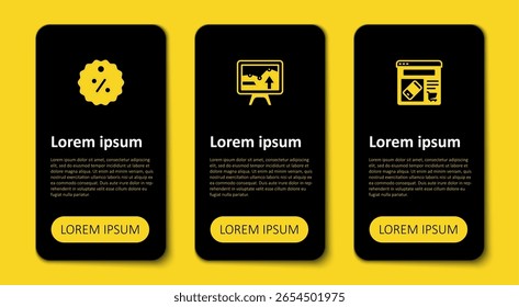 Definir compras on-line na tela, Monitor com gráfico gráfico e etiqueta de porcentagem de desconto. Modelo de infográfico comercial. Vetor