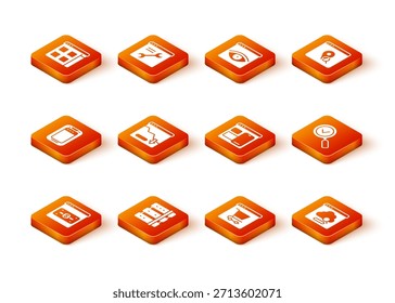 Set Online-Shopping auf dem Bildschirm, Server, Mobiltelefon, Verringerung des finanziellen Wachstums, Web-Entwickler-Programmiercode, Cloud-Technologie-Datenübertragung und Vergrößerung Glas mit Häkchen Symbol. Vektorgrafik