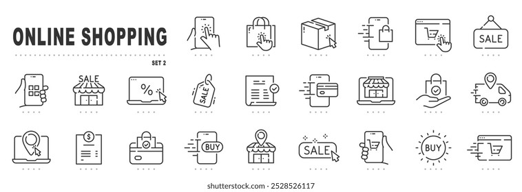 Set of online shopping related line icons. Commerce, payment, buy, shop, delivery, cart etc. Editable stroke. Set 2