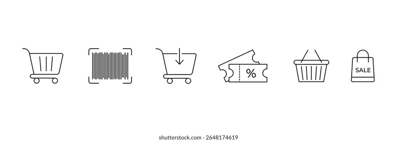 Conjunto de coleções de ícones de linha relacionadas a compras online. Desconto, comprar, carrinho de compras, símbolo do bilhete.