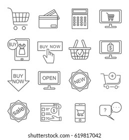 Set of online shopping Related Vector Line Icons. Includes such Icons as shopping cart, online store, discount, smartphone, products, sales, trading, buy button, pay per click,e-wallet