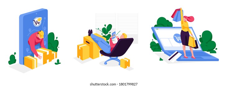 Set of online shopping scenes. Cartoon people buying goods in internet store. Collection of e-commerce designs. Customers characters purchase using smart gadgets. Isometric style. Vector illustration