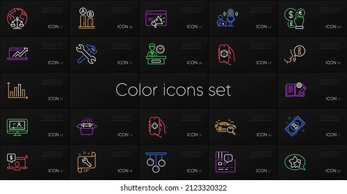 Set of Online shopping, Search car and Star line icons. Include Packing boxes, Card, Presentation time icons. Magistrates court, Online video, Money currency web elements. Diagram graph. Vector