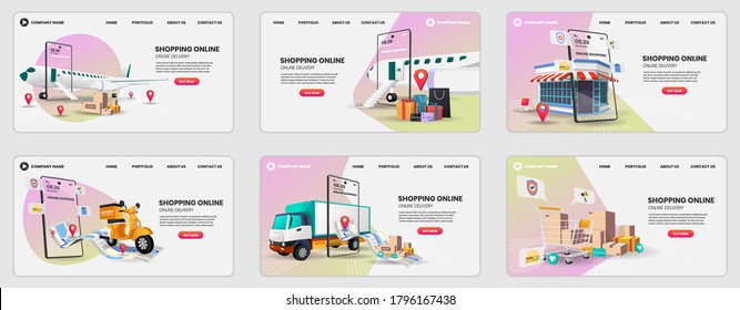 Set of Online Shopping templates service for food and package online shopping delivery service with vehicle. 3d vector illustration,Hero image for website