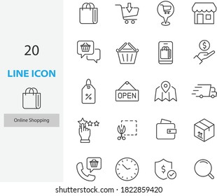 set of online shopping thin line icons, customer service, commerce, online store