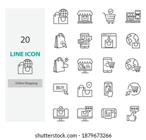 conjunto de iconos de línea delgada de compras en línea, tienda en línea