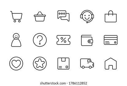 Conjunto de iconos de línea vectorial de compras en línea. Comercio electrónico, tienda en línea, interfaz de usuario.