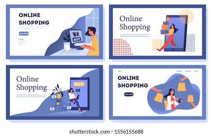 Set of online shopping web banner. Customer service and delivery, tracking and purchase. E-commerce web banner. Online shopping and mobile marketing. Isolated flat vector illustration