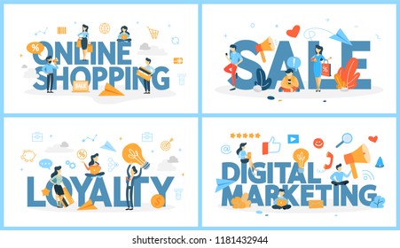 Set of online shopping word with people around. Sale and customer loyalty. Digital marketing strategy. Modern technology, internet and e-commerce. Vector abstract line illustration