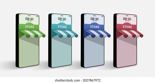 Online-Shops in Form von 3D-Smartphone, Konzept des Online-Shopping auf Websites und mobilen Anwendungen